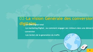 02-La vision Générale des conversion
digitales
-Un CRM Digital total
-Le marketing Digital , ou comment engager ses visiteurs dans une démarch
conversion
-Les leviers de la generation du traffic
4
 