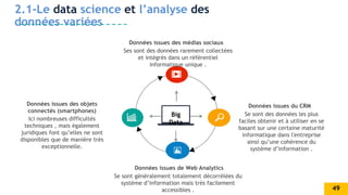 2.1-Le data science et l’analyse des
données variées
Se sont des données les plus
faciles obtenir et à utiliser en se
basant sur une certaine maturité
informatique dans l'entreprise
ainsi qu’une cohérence du
système d’information .
Données issues du CRM
Se sont généralement totalement décorrélées du
système d’information mais très facilement
accessibles .
Données issues de Web Analytics
Ses sont des données rarement collectées
et intégrés dans un référentiel
informatique unique .
Données issues des médias sociaux
Big
Data
Ici nombreuses difficultés
techniques , mais également
juridiques font qu’elles ne sont
disponibles que de manière très
exceptionnelle.
Données issues des objets
connectés (smartphones)
49
 