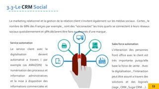 Le marketing relationnel et la gestion de la relation client s’invitent également sur les médias sociaux . Certes , le
nombre de 68% des Français par exemple , sont des “socionautes” les trois quarts se connectent à leurs réseaux
sociaux quotidiennement et 38% déclarent être fans ou abonnés d’une marque .
Le service client avec la
digitalisation devient
automatisé a travers ( par
exemple cas AMAZON) la
numérisation des processus et
information administratives
et la mise à disposition des
informations commerciales et
Service automation
3.3-Le CRM Social
L’interaction des personnes
front office avec le client est
très importante puisqu’elle
base la force de vente . Avec
la digitalisation , l’interaction
peut être assuré a travers des
solutions et des logiciels
(sage , CRM , Sugar CRM …) .
Sales force automation
53
 