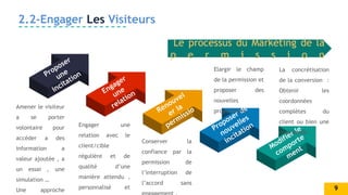 Amener le visiteur
a se porter
volontaire pour
accéder a des
information a
valeur ajoutée , a
un essai , une
simulation …
Une approche
2.2-Engager Les Visiteurs
Le processus du Marketing de la
p e r m i s s i o n
Engager une
relation avec le
client/cible
régulière et de
qualité d’une
manière attendu ,
personnalisé et
Conserver la
confiance par la
permission de
l’interruption de
l’accord sans
Elargir le champ
de la permission et
proposer des
nouvelles
propositions.
La concrétisation
de la conversion :
Obtenir les
coordonnées
complètes du
client ou bien une
commande .
9
 