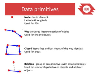 Data primitives
 Node : basic element
 Latitude & longitude
 Used for POIs

 Way : ordered interconnection of nodes
 Used for linear features




 Closed Way : first and last nodes of the way identical
 Used for areas



 Relation : group of any primitives with associated roles
 Used for relationships between objects and abstract
 objects
 