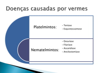 • Teníase
 Platelmintos:   • Esquistossomose




                 • Oxiuríase
                 • Filaríase
                 • Ascaridíase
Nematelmintos:   • Ancilostomíase
 