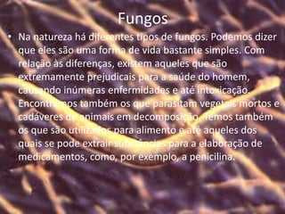 Fungos
• Na natureza há diferentes tipos de fungos. Podemos dizer
que eles são uma forma de vida bastante simples. Com
relação às diferenças, existem aqueles que são
extremamente prejudicais para a saúde do homem,
causando inúmeras enfermidades e até intoxicação.
Encontramos também os que parasitam vegetais mortos e
cadáveres de animais em decomposição. Temos também
os que são utilizados para alimento e até aqueles dos
quais se pode extrair substâncias para a elaboração de
medicamentos, como, por exemplo, a penicilina.
 
