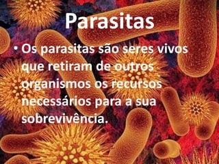 Parasitas
• Os parasitas são seres vivos
que retiram de outros
organismos os recursos
necessários para a sua
sobrevivência.
 