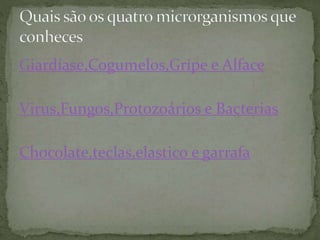 Giardíase,Cogumelos,Gripe e Alface
Virus,Fungos,Protozoários e Bacterias
Chocolate,teclas,elastico e garrafa
 