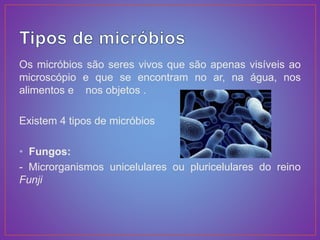 Os micróbios são seres vivos que são apenas visíveis ao
microscópio e que se encontram no ar, na água, nos
alimentos e nos objetos .
Existem 4 tipos de micróbios
• Fungos:
- Microrganismos unicelulares ou pluricelulares do reino
Funji
 