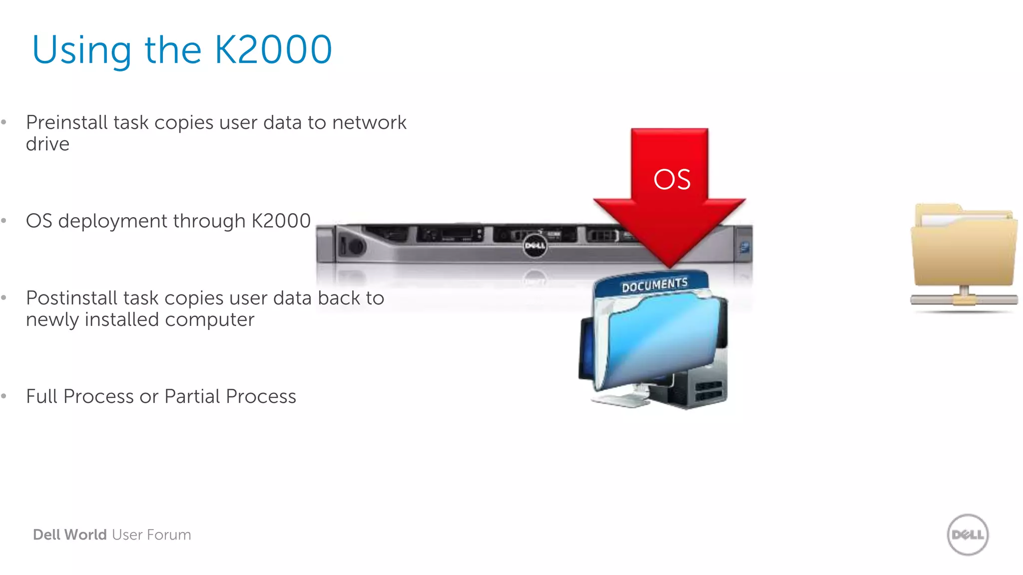 Dell World User Forum
Using the K2000
• Preinstall task copies user data to network
drive
• OS deployment through K2000
• Postinstall task copies user data back to
newly installed computer
• Full Process or Partial Process
K2000
Network
Drive
OS
 