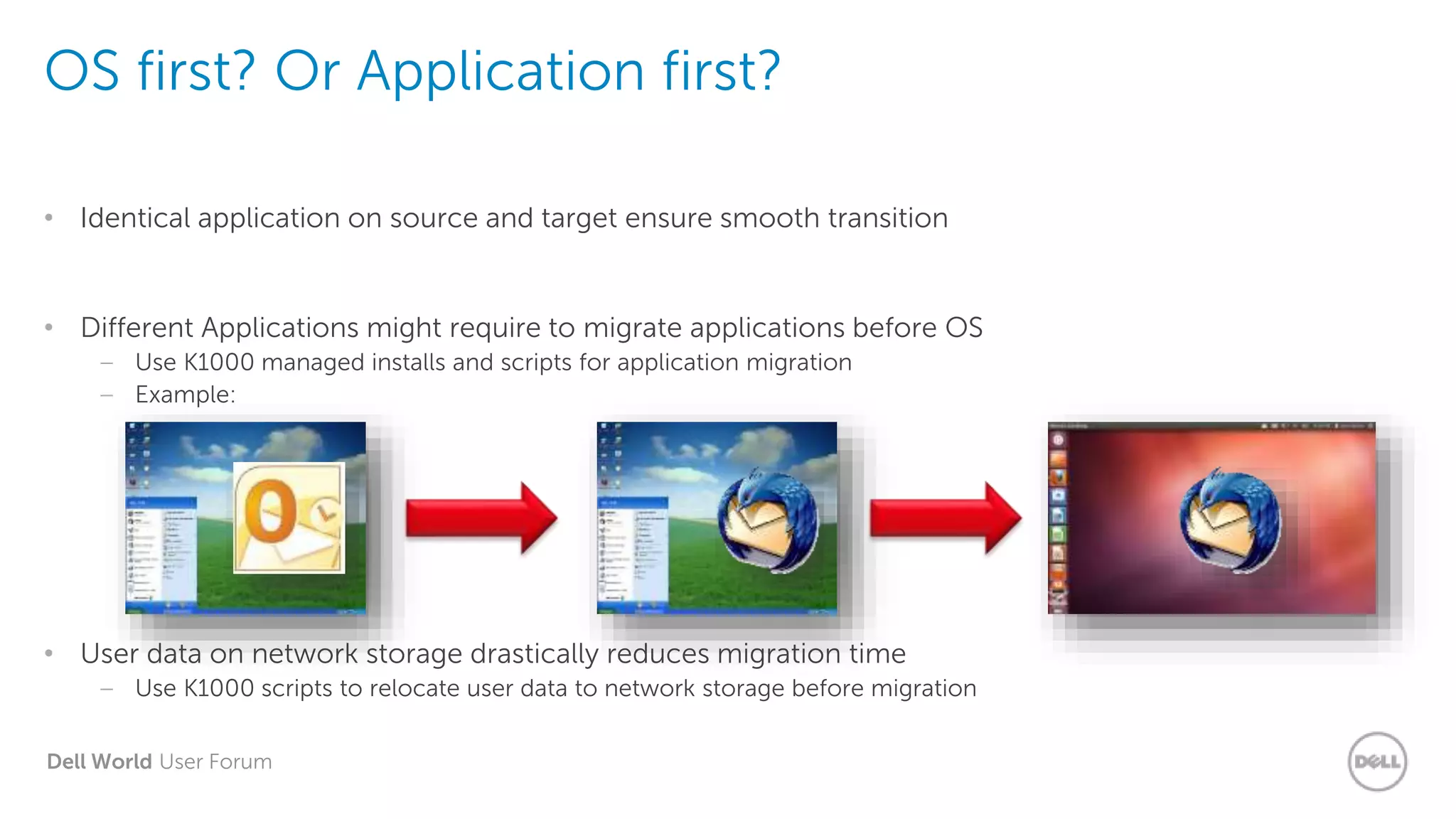 Dell World User Forum
OS first? Or Application first?
• Identical application on source and target ensure smooth transition
• Different Applications might require to migrate applications before OS
– Use K1000 managed installs and scripts for application migration
– Example:
• User data on network storage drastically reduces migration time
– Use K1000 scripts to relocate user data to network storage before migration
 
