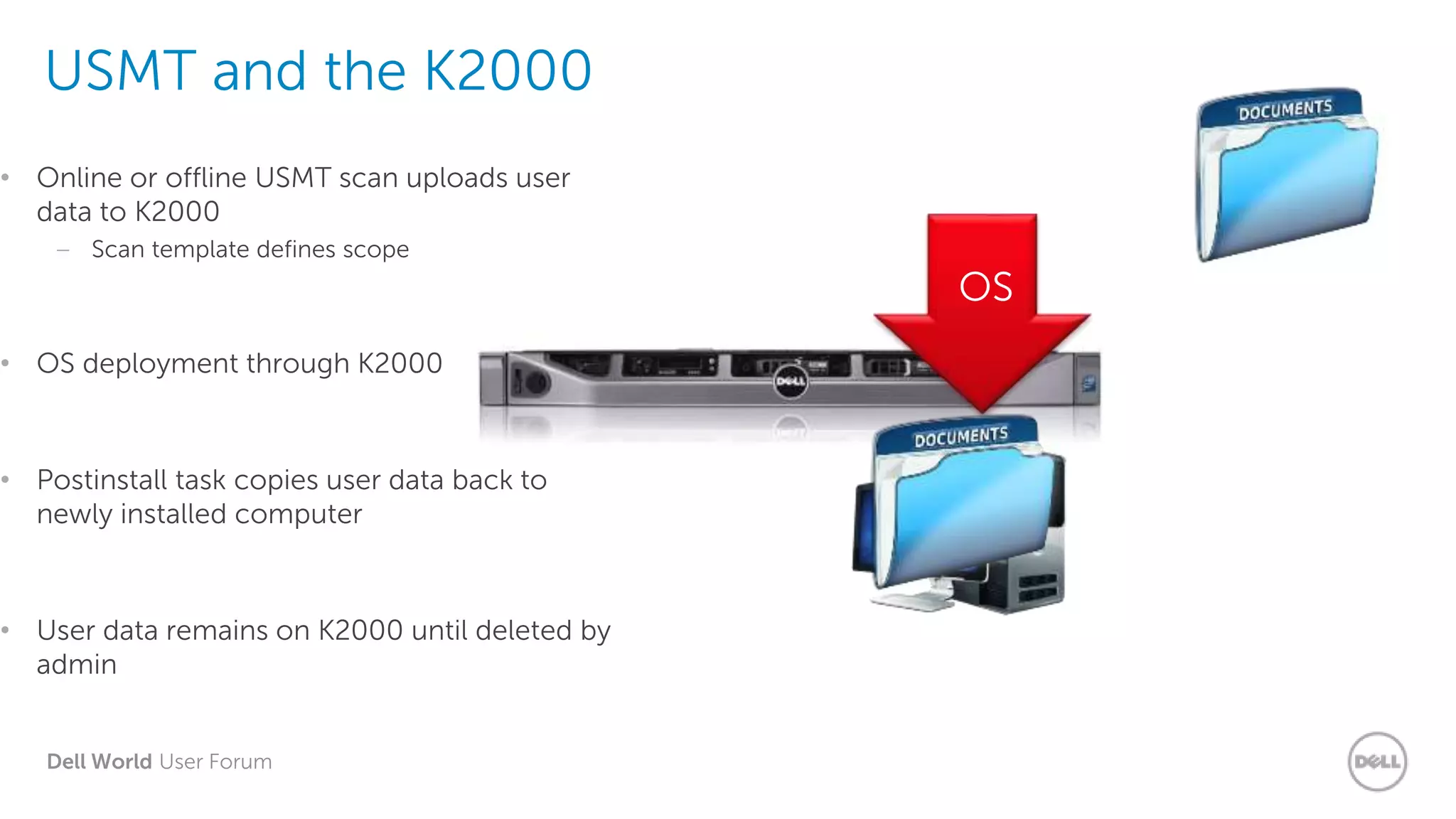 Dell World User Forum
USMT and the K2000
• Online or offline USMT scan uploads user
data to K2000
– Scan template defines scope
• OS deployment through K2000
• Postinstall task copies user data back to
newly installed computer
• User data remains on K2000 until deleted by
admin
K2000
OS
 