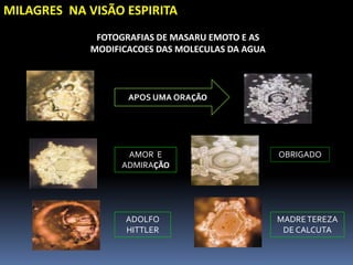 MILAGRES NA VISÃO ESPIRITA
FOTOGRAFIAS DE MASARU EMOTO E AS
MODIFICACOES DAS MOLECULAS DA AGUA
APOS UMA ORAÇÃO
AMOR E
ADMIRAÇÃO
OBRIGADO
ADOLFO
HITTLER
MADRETEREZA
DE CALCUTA
 