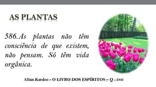 586.As plantas não têm
consciência de que existem,
não pensam. Só têm vida
orgânica.
 Allan Kardec - O LIVRO DOS ESPÍRITOS – Q . 586
 