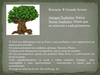 Bruxaria  Grande ÁrvoreAntigas Tradições: RaízesNovas Tradições: Flores que se renovam a cada primaveraÉ Fácil nos deliciarmos com as flores e seus perfumes e nos esquecermos da planta como um todo;