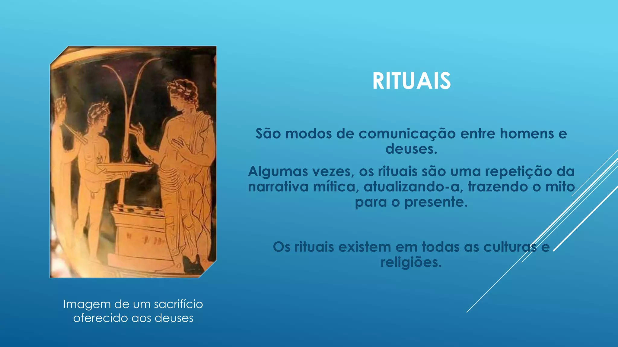RITUAIS
São modos de comunicação entre homens e
deuses.
Algumas vezes, os rituais são uma repetição da
narrativa mítica, atualizando-a, trazendo o mito
para o presente.
Os rituais existem em todas as culturas e religiões.
Imagem de um sacrifício
oferecido aos deuses
 