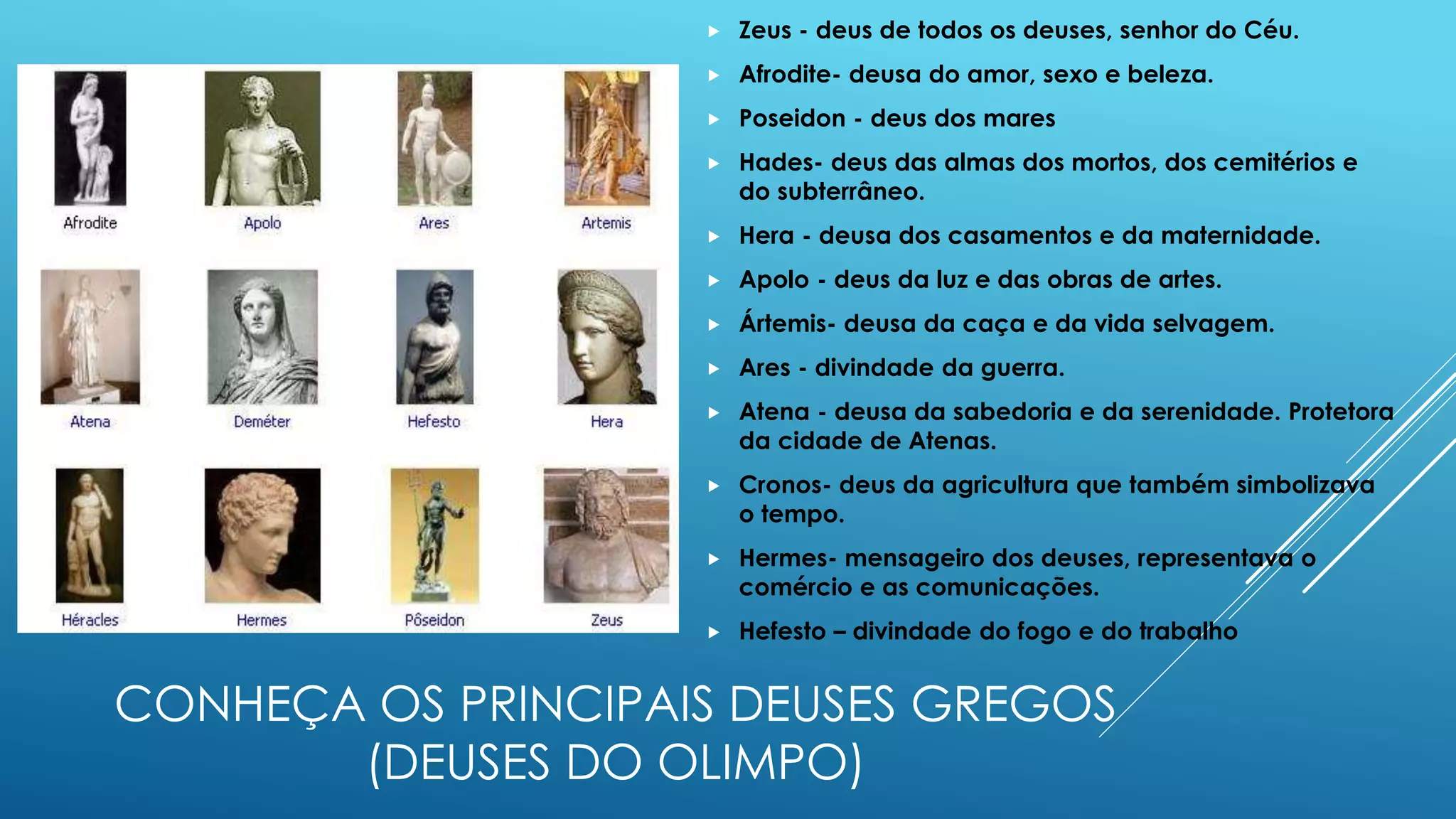 CONHEÇA OS PRINCIPAIS DEUSES GREGOS
(DEUSES DO OLIMPO)
 Zeus - deus de todos os deuses, senhor do Céu.
 Afrodite- deusa do amor, sexo e beleza.
 Poseidon - deus dos mares
 Hades- deus das almas dos mortos, dos cemitérios e do
subterrâneo.
 Hera - deusa dos casamentos e da maternidade.
 Apolo - deus da luz e das obras de artes.
 Ártemis- deusa da caça e da vida selvagem.
 Ares - divindade da guerra.
 Atena - deusa da sabedoria e da serenidade. Protetora da
cidade de Atenas.
 Cronos- deus da agricultura que também simbolizava o
tempo.
 Hermes- mensageiro dos deuses, representava o
comércio e as comunicações.
 Hefesto – divindade do fogo e do trabalho
 