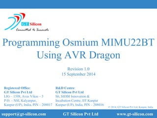 Programming
The Osmium MIMU22BT / MIMU22BTP
With AVR Dragon
Committed to Innovate
© 2016, GT Silicon Pvt Ltd, Kanpur, India
Revision 1.3
28 January 2016
www.gt-silicon.comwww.inertialelements.com 1
 