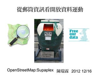 從郵筒資訊看開放資料運動




OpenStreetMap:Supaplex 陳瑞霖 2012 12/16
 