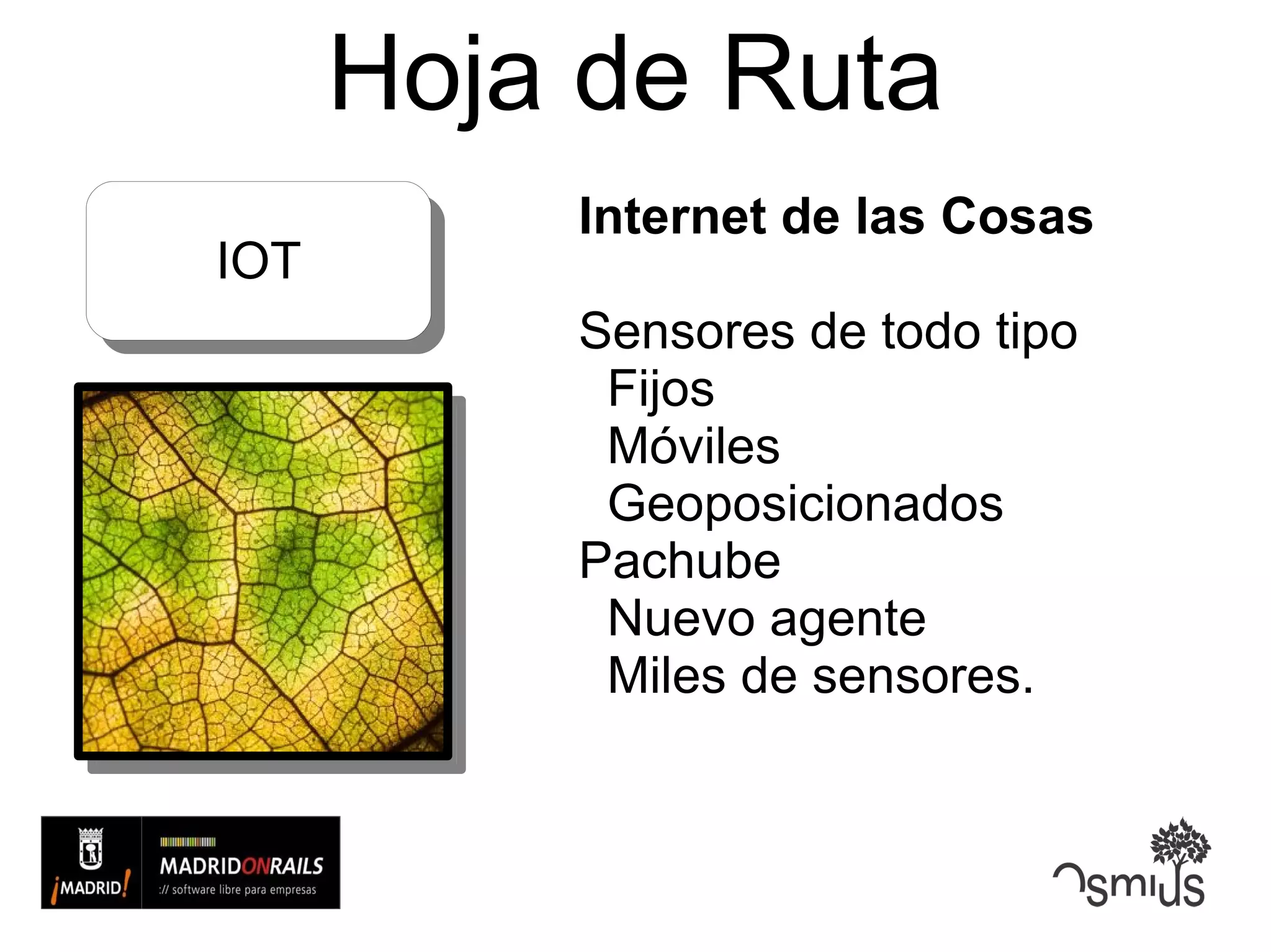 Hoja de Ruta Internet de las Cosas Sensores de todo tipo Fijos Móviles Geoposicionados Pachube Nuevo agente Miles de sensores. IOT 