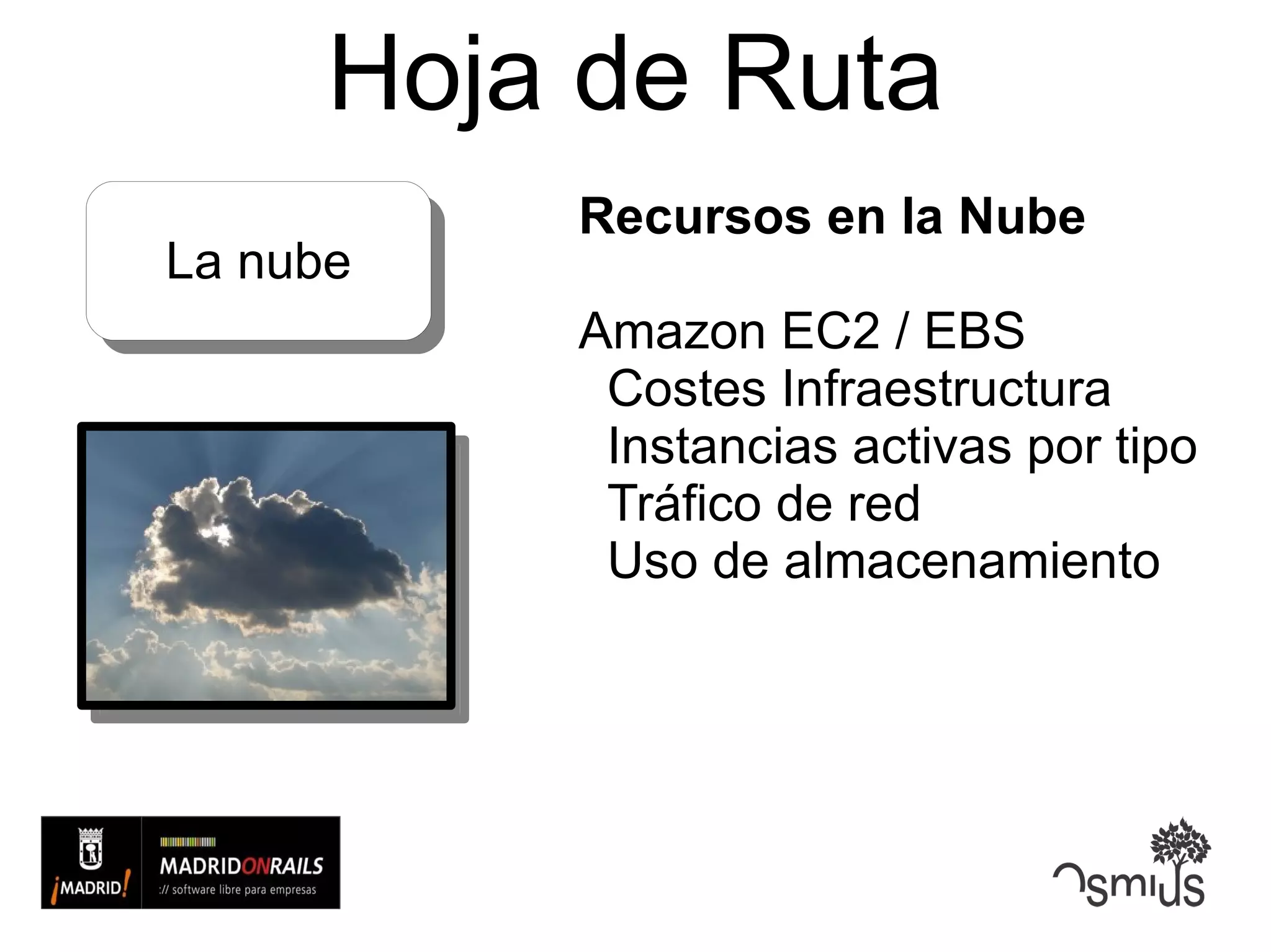 Hoja de Ruta Recursos en la Nube Amazon EC2 / EBS Costes Infraestructura Instancias activas por tipo Tráfico de red Uso de almacenamiento La nube 