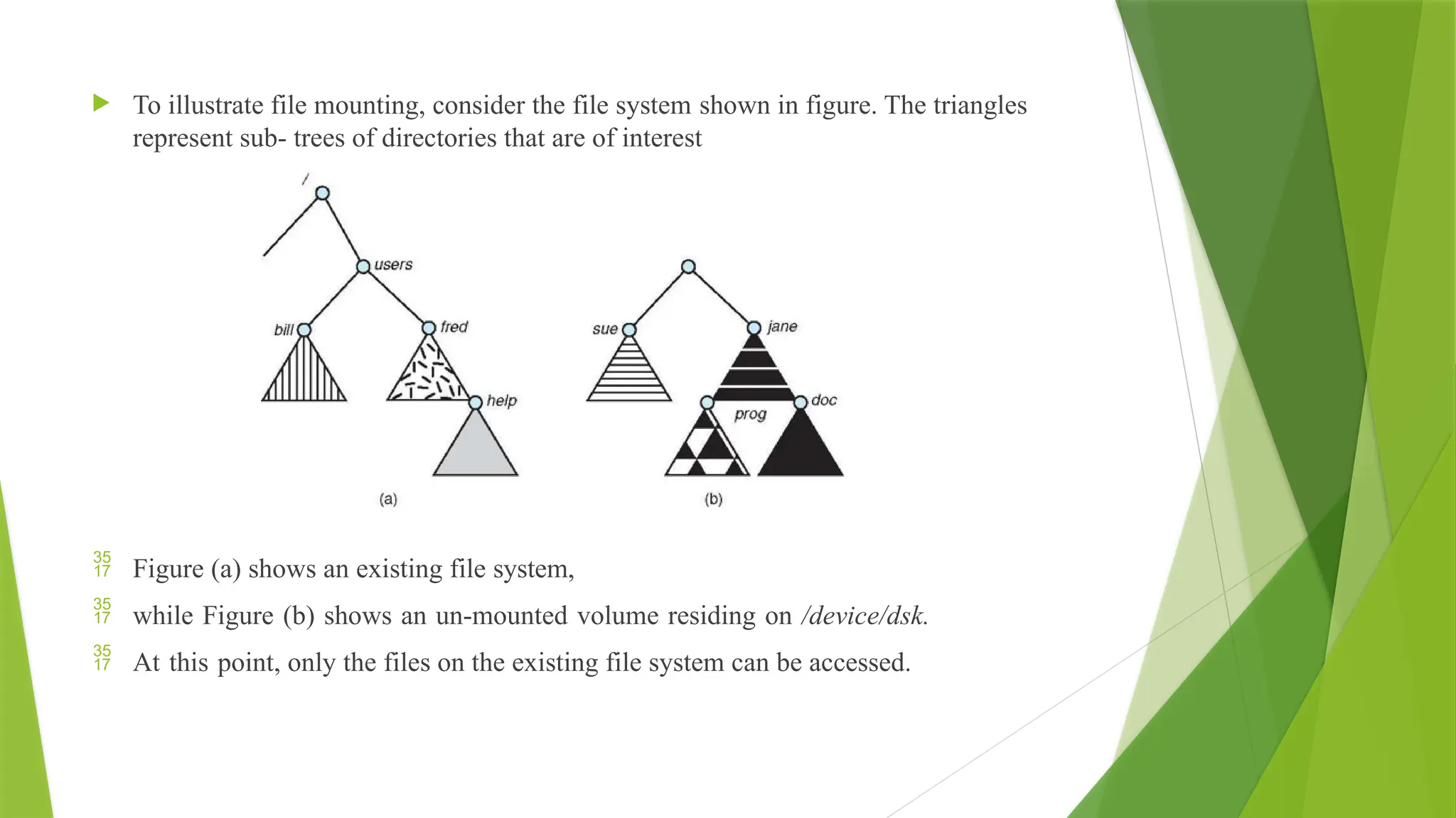 To illustrate file mounting, consider the file system shown in figure. The triangles
represent sub- trees of directories that are of interest
 Figure (a) shows an existing file system,
 while Figure (b) shows an un-mounted volume residing on /device/dsk.
 At this point, only the files on the existing file system can be accessed.
 