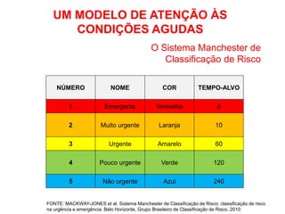 UM MODELO DE ATENÇÃO ÀS
     CONDIÇÕES AGUDAS
                                             O Sistema Manchester de
                                                Classificação de Risco

    NÚMERO                  NOME                  COR             TEMPO-ALVO

         1               Emergente              Vermelho                  0

         2             Muito urgente             Laranja                  10

         3                 Urgente              Amarelo                   60

         4             Pouco urgente              Verde                  120

         5              Não urgente                Azul                  240


FONTE: MACKWAY-JONES et al. Sistema Manchester de Classificação de Risco: classificação de risco
na urgência e emergência. Belo Horizonte, Grupo Brasileiro de Classificação de Risco, 2010
 