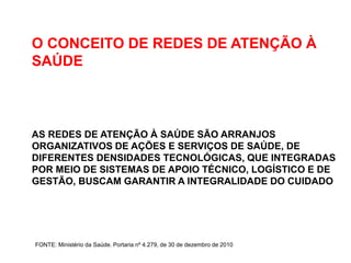O CONCEITO DE REDES DE ATENÇÃO À
SAÚDE



AS REDES DE ATENÇÃO À SAÚDE SÃO ARRANJOS
ORGANIZATIVOS DE AÇÕES E SERVIÇOS DE SAÚDE, DE
DIFERENTES DENSIDADES TECNOLÓGICAS, QUE INTEGRADAS
POR MEIO DE SISTEMAS DE APOIO TÉCNICO, LOGÍSTICO E DE
GESTÃO, BUSCAM GARANTIR A INTEGRALIDADE DO CUIDADO




FONTE: Ministério da Saúde. Portaria nº 4.279, de 30 de dezembro de 2010
 