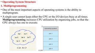 • Operating System Structure
1. Multiprogramming
• One of the most important aspects of operating systems is the ability to
multiprogram.
• A single user cannot keep either the CPU or the I/O devices busy at all times.
Multiprogramming increases CPU utilization by organizing jobs, so that the
CPU always has one to execute.
 