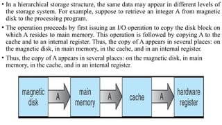 • In a hierarchical storage structure, the same data may appear in different levels of
the storage system. For example, suppose to retrieve an integer A from magnetic
disk to the processing program.
• The operation proceeds by first issuing an I/O operation to copy the disk block on
which A resides to main memory. This operation is followed by copying A to the
cache and to an internal register. Thus, the copy of A appears in several places: on
the magnetic disk, in main memory, in the cache, and in an internal register.
• Thus, the copy of A appears in several places: on the magnetic disk, in main
memory, in the cache, and in an internal register.
 