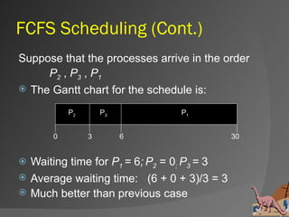 FCFS Scheduling (Cont.)
Suppose that the processes arrive in the order
     P2 , P3 , P1
 The Gantt chart for the schedule is:

            P2       P3          P1


        0        3        6                   30


   Waiting time for P1 = 6; P2 = 0; P3 = 3
   Average waiting time: (6 + 0 + 3)/3 = 3
   Much better than previous case
 
