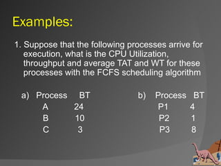 Examples:
1. Suppose that the following processes arrive for
   execution, what is the CPU Utilization,
   throughput and average TAT and WT for these
   processes with the FCFS scheduling algorithm

 a) Process BT                  b)   Process    BT
     A      24                       P1        4
     B      10                        P2       1
     C       3                        P3       8
 