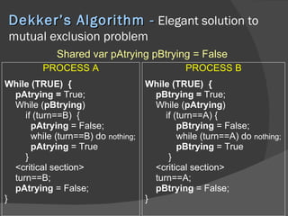 Dekker’s Algorithm - Elegant solution to
 mutual exclusion problem
             Shared var pAtrying pBtrying = False
         PROCESS A                             PROCESS B
While (TRUE) {                       While (TRUE) {
  pAtrying = True;                     pBtrying = True;
  While (pBtrying)                     While (pAtrying)
     if (turn==B) {                       if (turn==A) {
       pAtrying = False;                      pBtrying = False;
       while (turn==B) do nothing;            while (turn==A) do nothing;
       pAtrying = True                        pBtrying = True
     }                                     }
  <critical section>                   <critical section>
  turn==B;                             turn==A;
  pAtrying = False;                    pBtrying = False;
}                                    }
 