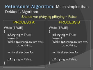 Peterson’s Algorithm: Much simpler than
    Dekker’s Algorithm
               Shared var pAtrying pBtrying = False
         PROCESS A                       PROCESS B
While (TRUE)                     While (TRUE)
{                                {
  pAtrying = True;                 pBtrying = True;
  turn= B;                         turn= A;
  While (pBtrying && turn ==B)     While (pAtrying && turn ==A)
         do nothing;                      do nothing;

     <critical section A>            <critical section A>

     pAtrying = False;               pBtrying = False;
}                                }
 