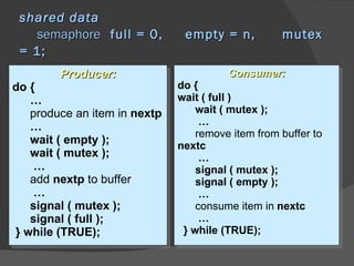 shared data
   semaphore full = 0,         empty = n,          mutex
 = 1;
        Producer:                       Consumer:
do {                          do {
   …                          wait ( full )
   produce an item in nextp       wait ( mutex );
   …                               …
                                  remove item from buffer to
   wait ( empty );            nextc
   wait ( mutex );                 …
    …                             signal ( mutex );
   add nextp to buffer            signal ( empty );
    …                              …
   signal ( mutex );              consume item in nextc
   signal ( full );                …
} while (TRUE);                } while (TRUE);
 