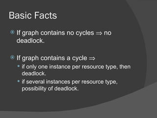 Basic Facts
   If graph contains no cycles ⇒ no
    deadlock.

   If graph contains a cycle ⇒
     if only one instance per resource type, then
      deadlock.
     if several instances per resource type,
      possibility of deadlock.
 