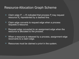 Resource-Allocation Graph Scheme
   Claim edge Pi → Rj indicated that process Pj may request
    resource Rj; represented by a dashed line.

   Claim edge converts to request edge when a process
    requests a resource.

   Request edge converted to an assignment edge when the
    resource is allocated to the process.

   When a resource is released by a process, assignment edge
    reconverts to a claim edge.

   Resources must be claimed a priori in the system.
 