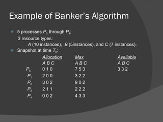 Example of Banker’s Algorithm
 5 processes P0 through P4;
  3 resource types:
       A (10 instances), B (5instances), and C (7 instances).
 Snapshot at time T0:
               Allocation     Max                   Available
               ABC            ABC                   ABC
      P0       010            753                   332
       P1      200            322
       P2      302            902
       P3      211            222
       P4      002            433
 