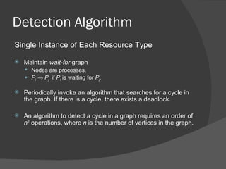 Detection Algorithm
Single Instance of Each Resource Type

   Maintain wait-for graph
     Nodes are processes.
     Pi → Pj if Pi is waiting for Pj.

   Periodically invoke an algorithm that searches for a cycle in
    the graph. If there is a cycle, there exists a deadlock.

   An algorithm to detect a cycle in a graph requires an order of
    n2 operations, where n is the number of vertices in the graph.
 