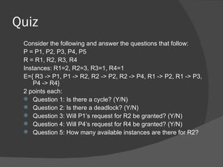 Quiz
 Consider the following and answer the questions that follow:
 P = P1, P2, P3, P4, P5
 R = R1, R2, R3, R4
 Instances: R1=2, R2=3, R3=1, R4=1
 E={ R3 -> P1, P1 -> R2, R2 -> P2, R2 -> P4, R1 -> P2, R1 -> P3,
     P4 -> R4}
 2 points each:
  Question 1: Is there a cycle? (Y/N)
  Question 2: Is there a deadlock? (Y/N)
  Question 3: Will P1’s request for R2 be granted? (Y/N)
  Question 4: Will P4’s request for R4 be granted? (Y/N)
  Question 5: How many available instances are there for R2?
 