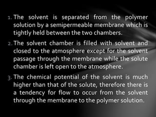 1. The solvent is separated from the polymer
solution by a semipermeable membrane which is
tightly held between the two chambers.
2.The solvent chamber is filled with solvent and
closed to the atmosphere except for the solvent
passage through the membrane while the solute
chamber is left open to the atmosphere.
3. The chemical potential of the solvent is much
higher than that of the solute, therefore there is
a tendency for flow to occur from the solvent
through the membrane to the polymer solution.
 