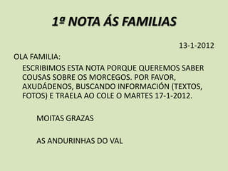 1ª NOTA ÁS FAMILIAS
                                       13-1-2012
OLA FAMILIA:
  ESCRIBIMOS ESTA NOTA PORQUE QUEREMOS SABER
  COUSAS SOBRE OS MORCEGOS. POR FAVOR,
  AXUDÁDENOS, BUSCANDO INFORMACIÓN (TEXTOS,
  FOTOS) E TRAELA AO COLE O MARTES 17-1-2012.

     MOITAS GRAZAS

     AS ANDURINHAS DO VAL
 