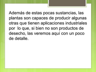 Además de estas pocas sustancias, las
plantas son capaces de producir algunas
otras que tienen aplicaciones industriales
por lo que, si bien no son productos de
desecho, las veremos aquí con un poco
de detalle.
 