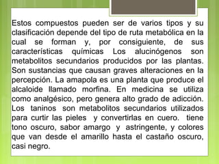 Estos compuestos pueden ser de varios tipos y su
clasificación depende del tipo de ruta metabólica en la
cual se forman y, por consiguiente, de sus
características químicas Los alucinógenos son
metabolitos secundarios producidos por las plantas.
Son sustancias que causan graves alteraciones en la
percepción. La amapola es una planta que produce el
alcaloide llamado morfina. En medicina se utiliza
como analgésico, pero genera alto grado de adicción.
Los taninos son metabolitos secundarios utilizados
para curtir las pieles y convertirlas en cuero. tiene
tono oscuro, sabor amargo y astringente, y colores
que van desde el amarillo hasta el castaño oscuro,
casi negro.
 