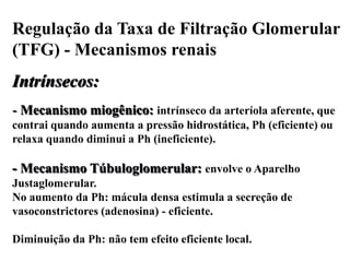 Regulação da Taxa de Filtração Glomerular
(TFG) - Mecanismos renais
Intrínsecos:
- Mecanismo miogênico: intrínseco da arteríola aferente, que
contrai quando aumenta a pressão hidrostática, Ph (eficiente) ou
relaxa quando diminui a Ph (ineficiente).

- Mecanismo Túbuloglomerular: envolve o Aparelho
Justaglomerular.
No aumento da Ph: mácula densa estimula a secreção de
vasoconstrictores (adenosina) - eficiente.
Diminuição da Ph: não tem efeito eficiente local.

 