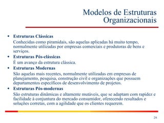 Modelos de Estruturas Organizacionais Estruturas Clássicas Conhecidas como piramidais, são aquelas aplicadas há muito tempo, normalmente utilizadas por empresas comerciais e produtoras de bens e serviços. Estruturas Pós-clássicas É um avanço da estrutura clássica. Estruturas Modernas São aquelas mais recentes, normalmente utilizadas em empresas de planejamento, pesquisa, construção civil e organizações que possuem departamentos específicos de desenvolvimento de projetos. Estruturas Pós-modernas São estruturas dinâmicas e altamente mutáveis, que se adaptam com rapidez e facilidade à conjuntura do mercado consumidor, oferecendo resultados e soluções corretas, com a agilidade que os clientes requerem. 