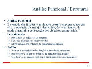Análise Funcional / Estrutural Análise Funcional É o estudo das funções e atividades de uma empresa, tendo em vista a obtenção de arranjos dessas funções e atividades, de modo a garantir a consecução dos objetivos empresariais. Levantamento Identificar os objetivos da empresa Funções e atividades desenvolvidas Identificação dos critérios de departamentalização Análise Avaliar a necessidade das funções e atividades existentes Reconhecer e julgar os critérios de departamentalização Verificar se os órgãos conhecem perfeitamente suas atribuições 
