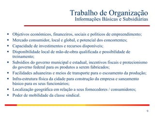 Trabalho de Organização Informações Básicas e Subsidiárias Objetivos econômicos, financeiros, sociais e políticos de empreendimento; Mercado consumidor, local e global, e potencial dos concorrentes; Capacidade de investimentos e recursos disponíveis; Disponibilidade local de mão-de-obra qualificada e possibilidade de treinamento; Subsídios do governo municipal e estadual, incentivos fiscais e protecionismo do governo federal para os produtos a serem fabricados; Facilidades aduaneiras e meios de transporte para o escoamento da produção; Infra-estrutura física da cidade para construção da empresa e saneamento básico para os seus funcionários; Localização geográfica em relação a seus fornecedores / consumidores; Poder de mobilidade da classe sindical. 