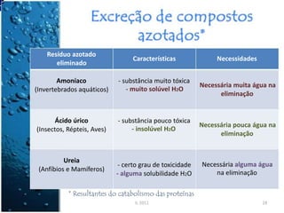 Resíduo azotado
eliminado
Características Necessidades
Amoníaco
(Invertebrados aquáticos)
Ácido úrico
(Insectos, Répteis, Aves)
Ureia
(Anfíbios e Mamíferos)
- substância muito tóxica
- muito solúvel H2O
- substância pouco tóxica
- insolúvel H2O
- certo grau de toxicidade
- alguma solubilidade H2O
Necessária muita água na
eliminação
Necessária pouca água na
eliminação
Necessária alguma água
na eliminação
* Resultantes do catabolismo das proteínas
IL 2011 28
 