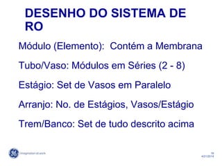 18
4/21/2014
DESENHO DO SISTEMA DE
RO
Módulo (Elemento): Contém a Membrana
Tubo/Vaso: Módulos em Séries (2 - 8)
Estágio: Set de Vasos em Paralelo
Arranjo: No. de Estágios, Vasos/Estágio
Trem/Banco: Set de tudo descrito acima
 