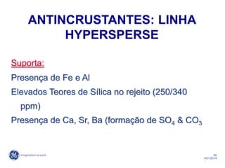 60
4/21/2014
Suporta:
Presença de Fe e Al
Elevados Teores de Sílica no rejeito (250/340
ppm)
Presença de Ca, Sr, Ba (formação de SO4 & CO3
ANTINCRUSTANTES: LINHA
HYPERSPERSE
 