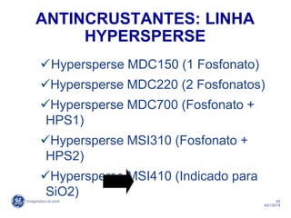 62
4/21/2014
ANTINCRUSTANTES: LINHA
HYPERSPERSE
Hypersperse MDC150 (1 Fosfonato)
Hypersperse MDC220 (2 Fosfonatos)
Hypersperse MDC700 (Fosfonato +
HPS1)
Hypersperse MSI310 (Fosfonato +
HPS2)
Hypersperse MSI410 (Indicado para
SiO2)
 