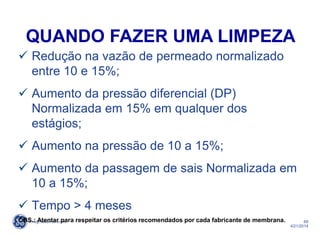 69
4/21/2014
 Redução na vazão de permeado normalizado
entre 10 e 15%;
 Aumento da pressão diferencial (DP)
Normalizada em 15% em qualquer dos
estágios;
 Aumento na pressão de 10 a 15%;
 Aumento da passagem de sais Normalizada em
10 a 15%;
 Tempo > 4 meses
OBS.: Atentar para respeitar os critérios recomendados por cada fabricante de membrana.
QUANDO FAZER UMA LIMPEZA
 